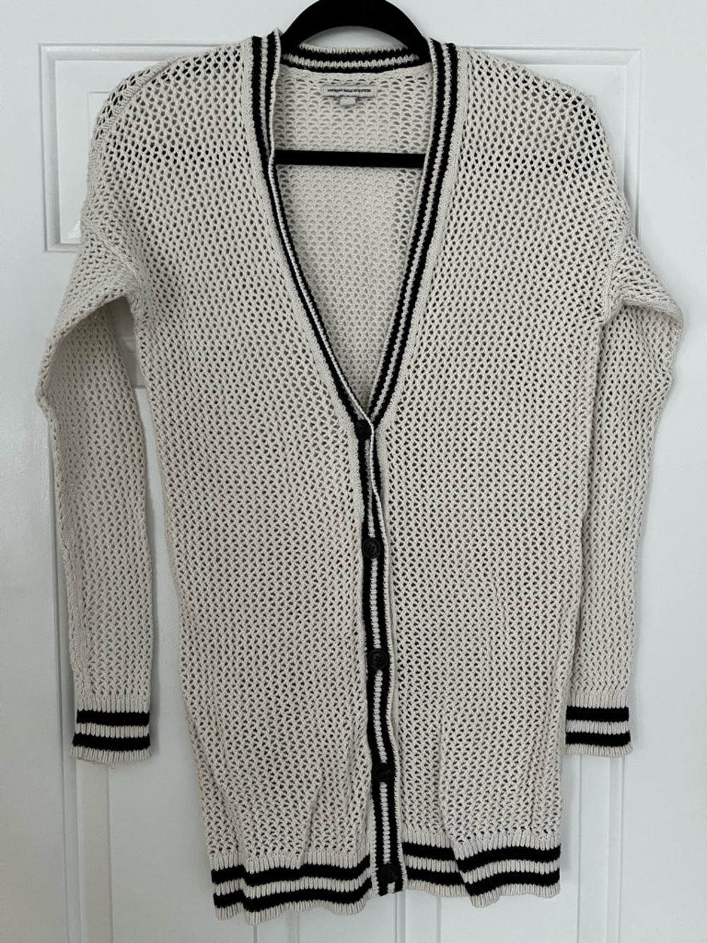 American Eagle Outfitters Cream Open-Knit Cardigan with Black Trim